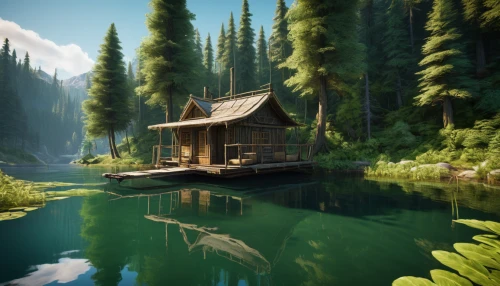 house with lake,floating huts,house in the forest,the cabin in the mountains,emerald lake,summer cottage,houseboat,small cabin,wooden hut,log cabin,idyllic,log home,boathouse,house by the water,wooden house,tree house hotel,boat house,secluded,tree house,tranquility,Illustration,Black and White,Black and White 17