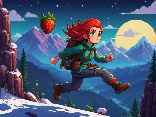 mountain guide,game illustration,rosehip,adventurer,little red riding hood,gnome ice skating,gnome skiing,red riding hood,adventure game,many berries,hiker,game art,rosehip berries,acerola,mountaineer,apple mountain,mountain climber,android game,action-adventure game,wander,Art,Artistic Painting,Artistic Painting 26