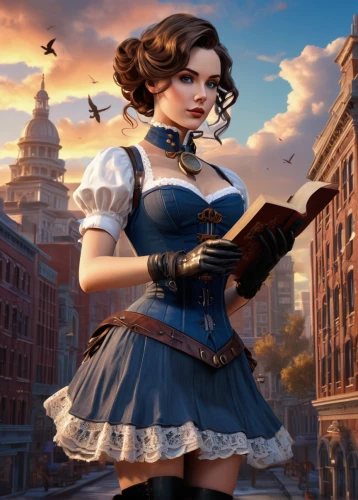 steampunk,librarian,fantasy picture,girl in a historic way,fantasy art,fantasy portrait,fantasy girl,overskirt,victorian lady,bodice,venetia,fairy tale character,massively multiplayer online role-playing game,alice,fantasy woman,bookkeeper,author,drexel,girl with gun,fantasy city,Conceptual Art,Daily,Daily 35
