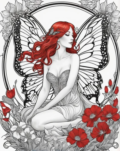 winged heart,cupid,red butterfly,valentine pin up,cupido (butterfly),rose white and red,faery,clary,flower fairy,the zodiac sign pisces,heart clipart,faerie,rosa 'the fairy,vanessa (butterfly),fairy queen,ariel,art nouveau design,mucha,red heart medallion,red petals,Illustration,Retro,Retro 08
