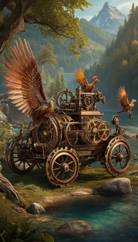 steampunk,fantasy picture,fantasy art,flying machine,steampunk gears,chariot,griffon bruxellois,wooden wagon,gryphon,wings transport,caterpillar gypsy,wooden carriage,feathered race,wagon,benz patent-motorwagen,transportation,the vehicle,horse-drawn vehicle,new vehicle,fantasy landscape,Illustration,Realistic Fantasy,Realistic Fantasy 13