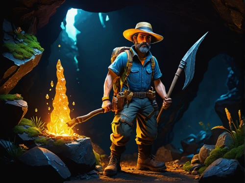 adventurer,mountain guide,caving,miner,explorer,cave tour,farmer in the woods,ranger,the wanderer,blue cave,cave man,the blue caves,woodsman,wander,game art,raft guide,rifleman,indiana jones,blue caves,4k wallpaper,Illustration,Realistic Fantasy,Realistic Fantasy 41