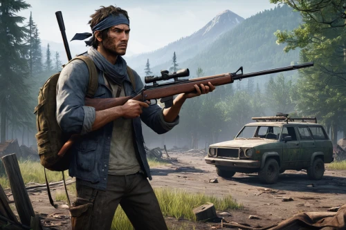 dacia,free fire,steam release,bandana background,american frontier,snipey,new vehicle,shooter game,submachine gun,game art,uaz patriot,action-adventure game,development breakdown,mobile game,chasseur,scout,pubg,assault rifle,holding a gun,rifleman,Illustration,Japanese style,Japanese Style 12