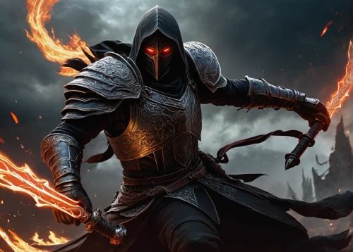 grimm reaper,hooded man,massively multiplayer online role-playing game,templar,assassin,reaper,fire background,dark elf,fire master,death god,grim reaper,assassins,iron mask hero,dodge warlock,flickering flame,witcher,awesome arrow,undead warlock,burning torch,scythe,Conceptual Art,Fantasy,Fantasy 10