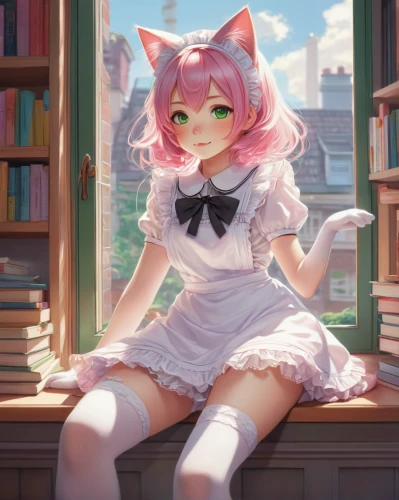 nyan,reading,bookcase,bookworm,cat ears,calico cat,sitting on a chair,pink cat,relaxing reading,book store,read a book,cheshire,cat child,librarian,bookstore,cute cat,girl studying,book collection,calico,tea party cat,Photography,Black and white photography,Black and White Photography 11