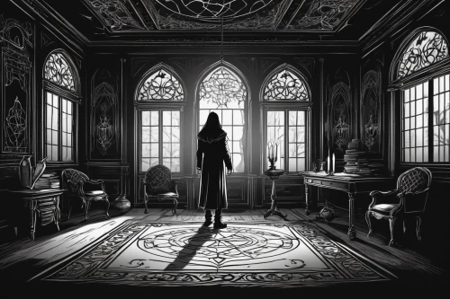 clary,gothic portrait,gothic style,gothic woman,dark gothic mood,dark art,witch house,gothic,a dark room,house silhouette,doll's house,dark cabinetry,gothic architecture,magic castle,ornate room,hall of the fallen,the threshold of the house,victorian style,sci fiction illustration,ghost castle,Illustration,Black and White,Black and White 04