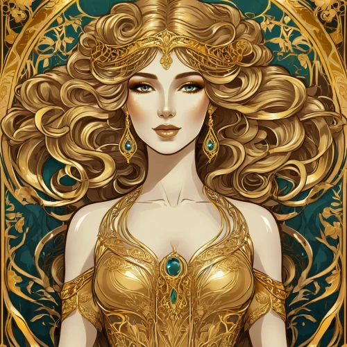 golden wreath,gold filigree,gold foil mermaid,golden crown,zodiac sign libra,laurel wreath,art nouveau,celtic queen,gold foil art,dryad,art nouveau design,fantasy portrait,priestess,gold leaf,sorceress,athena,golden mask,gold foil,foil and gold,goddess of justice,Illustration,Retro,Retro 13