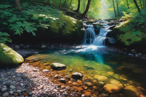 mountain stream,mountain spring,green waterfall,flowing creek,streams,clear stream,a small waterfall,flowing water,brook landscape,water flowing,cascading,forest landscape,stream,water flow,green forest,riparian forest,japan landscape,brown waterfall,yakushima,the chubu sangaku national park,Conceptual Art,Oil color,Oil Color 01