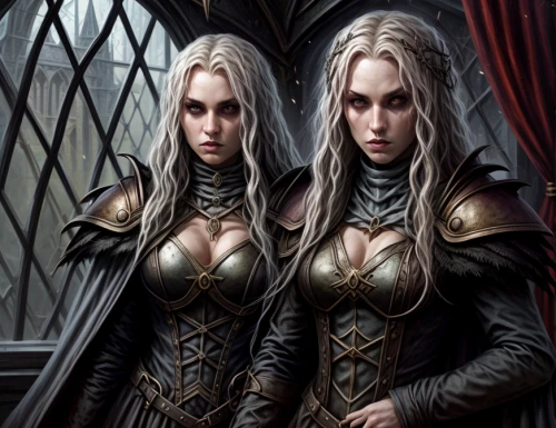 dark elf,gothic portrait,elves,elven,fantasy art,massively multiplayer online role-playing game,violet head elf,staves,heroic fantasy,sterntaler,gothic fashion,angels of the apocalypse,fantasy portrait,mirror image,fantasy picture,gothic style,male elf,mother and daughter,twins,sisters