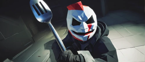 spatula,male mask killer,cooking spoon,knife head,digging fork,kitchen utensil,utensil,knife and fork,fork,anonymous mask,kitchen knife,fish slice,hockey mask,horror clown,kitchen utensils,with the mask,kitchenknife,vendetta,fawkes mask,jigsaw,Unique,3D,Low Poly