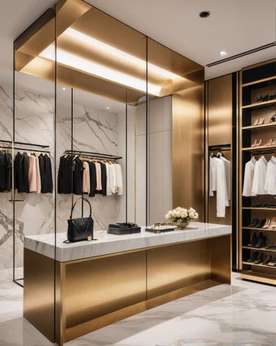 walk-in closet,gold bar shop,women's closet,gold shop,gold wall,closet,wardrobe,boutique,gold business,shop fittings,modern style,luxury accessories,cabinetry,vitrine,showroom,shelving,gold lacquer,luxury items,golden coral,interior design,Photography,General,Realistic