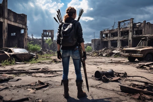 post apocalyptic,fallout4,post-apocalypse,wasteland,girl with gun,pripyat,girl with a gun,woman holding gun,huntress,pubg mascot,apocalyptic,fighting stance,holding a gun,fallout,destroyed city,scrapyard,post-apocalyptic landscape,junkyard,war zone,apocalypse,Illustration,Retro,Retro 22