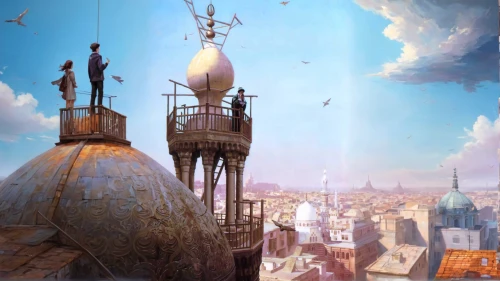 airship,airships,high-wire artist,roof domes,skycraper,baron munchausen,fantasy city,orrery,sky apartment,fantasy picture,globe,observatory,fantasy art,hamelin,sky city,clockmaker,air ship,panoramical,fantasy world,the globe