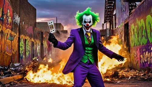 joker,cleanup,photoshop manipulation,cosplay image,riddler,suit actor,fire background,digital compositing,it,supervillain,syndrome,wall,bodypainting,cosplayer,pyro,patrol,superhero background,chromakey,city in flames,petrochemicals,Illustration,American Style,American Style 04