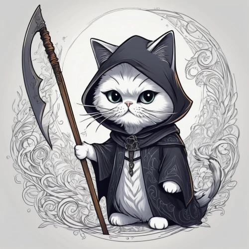 cat warrior,cat sparrow,capricorn kitz,mage,cartoon cat,cat vector,halloween cat,wizard,chinese pastoral cat,white cat,cat-ketch,drawing cat,whiskered,gray kitty,witch broom,chasseur,napoleon cat,tea party cat,scythe,assassin,Illustration,Black and White,Black and White 05