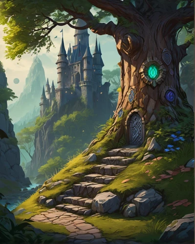 druid grove,celtic tree,magic tree,fantasy landscape,flourishing tree,druid stone,background with stones,fairy house,elven forest,game illustration,old tree,devilwood,a tree,fairy tale castle,fantasy picture,knight's castle,tree house,northrend,tree,forest tree,Illustration,Vector,Vector 07