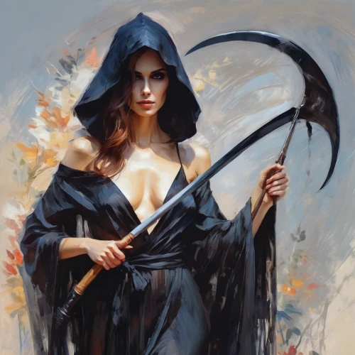 scythe,swordswoman,sorceress,huntress,the witch,bow and arrows,fantasy portrait,witch broom,fantasy art,longbow,witch,the enchantress,quarterstaff,grim reaper,bows and arrows,grimm reaper,fantasy woman,warrior woman,widow,female warrior,Conceptual Art,Oil color,Oil Color 10
