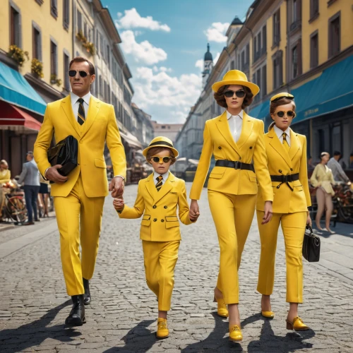 yellow jumpsuit,banana family,mulberry family,yellow,fashion street,yellow mustard,french tourists,advertising campaigns,yellow color,men's suit,caper family,walk with the children,ginger family,gold business,mustard and cabbage family,family group,children is clothing,yellow taxi,parents with children,gesneriad family,Photography,General,Realistic