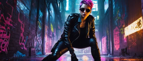 cyberpunk,streampunk,punk,neon lights,nerve,punk design,electro,femme fatale,neon light,mohawk,ultraviolet,transistor,alley,renegade,neon body painting,cyber,callisto,alleyway,neon,underworld,Illustration,Realistic Fantasy,Realistic Fantasy 25