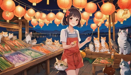 cat's cafe,lanterns,pet shop,izakaya,fruit market,watercolor shops,convenience store,shopkeeper,japanese paper lanterns,cat supply,watercolor tea shop,kawaii foods,watercolor cafe,flower shop,furin,grocery,market,fruit stand,pet supply,chinese lanterns,Illustration,Retro,Retro 23