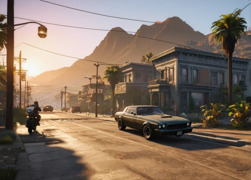classic car and palm trees,street canyon,bogart village,wild west,cuba background,screenshot,croft,route66,route 66,plymouth,st-denis,austin cambridge,monte carlo,riverside,virginia city,two palms,high valley,boulevard,street scene,wild west hotel,Photography,General,Fantasy