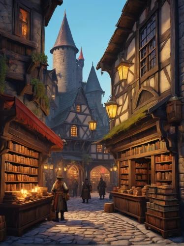 medieval street,medieval market,medieval town,bookstore,marketplace,apothecary,bookshop,medieval architecture,book store,escher village,castle iron market,the cobbled streets,knight village,hamelin,medieval,winter village,tavern,merchant,cobblestone,shopkeeper,Art,Artistic Painting,Artistic Painting 22