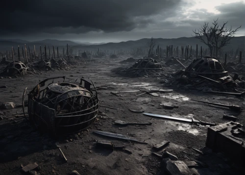 wasteland,post-apocalyptic landscape,battlefield,destroyed city,desolation,scorched earth,swampy landscape,destroyed area,valley of death,the valley of death,post apocalyptic,war zone,dark world,dead earth,fallout4,fallout,desolate,lost in war,verdun,ship wreck,Illustration,Japanese style,Japanese Style 18