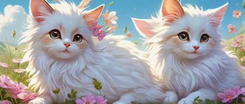 turkish angora,cats angora,turkish van,rabbits,birman,easter rabbits,angora rabbit,two cats,angora,bunnies,norwegian forest cat,white cat,hares,female hares,british longhair cat,easter background,springtime background,rabbit family,spring background,whimsical animals,Illustration,Abstract Fantasy,Abstract Fantasy 11