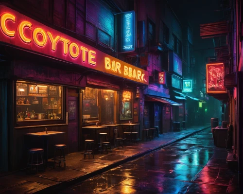 neon coffee,nightlife,neon drinks,neon sign,boulevard,rain bar,night scene,street cafe,cyberpunk,cityscape,alleyway,unique bar,neon cocktails,paris cafe,bistrot,colorful city,neon lights,neon light,drizzle,neon light drinks,Conceptual Art,Oil color,Oil Color 09