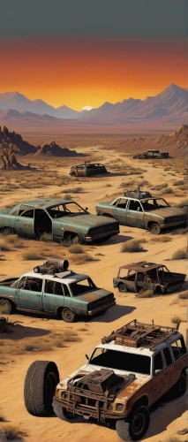 post-apocalyptic landscape,jeep wagoneer,desert racing,desert safari,mojave,rusty cars,desert run,car cemetery,wasteland,travel trailer poster,the desert,desert desert landscape,ford expedition,vehicles,mojave desert,plymouth voyager,off-road vehicles,desert landscape,station wagon-station wagon,crew cars,Conceptual Art,Daily,Daily 33