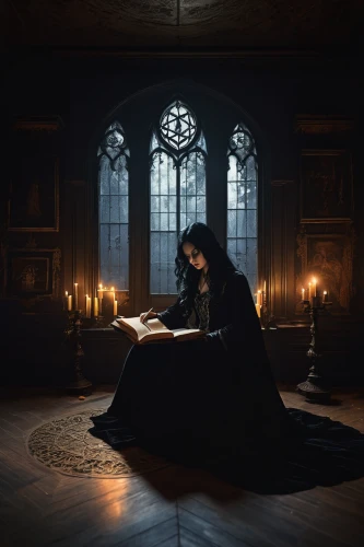 gothic portrait,candlemaker,games of light,hymn book,the witch,a dark room,gothic woman,divination,dark gothic mood,dark cabinetry,girl studying,witch house,black candle,woman praying,candlelight,parchment,dark art,house of prayer,scholar,dark portrait,Conceptual Art,Fantasy,Fantasy 10