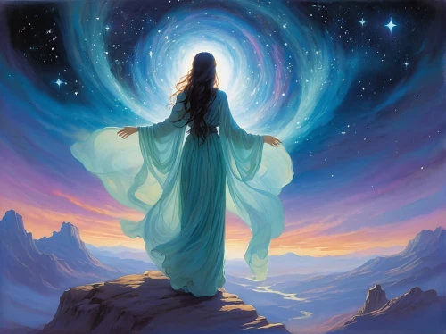 astral traveler,light bearer,divine healing energy,star mother,the pillar of light,priestess,the prophet mary,celestial,mystical portrait of a girl,mysticism,mother earth,the mystical path,shamanism,earth chakra,shamanic,inner light,yogananda,blue enchantress,fantasy picture,sorceress,Illustration,Paper based,Paper Based 17