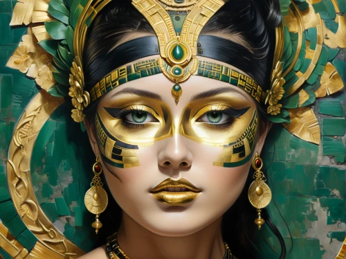 cleopatra,ancient egyptian girl,lily of the nile,fantasy portrait,fantasy art,gold mask,priestess,golden mask,ancient egyptian,egyptian,oriental princess,pharaonic,gold paint stroke,venetian mask,pharaoh,headdress,ancient egypt,world digital painting,anahata,gold jewelry,Art,Classical Oil Painting,Classical Oil Painting 02