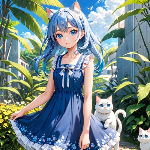 cat with blue eyes,cat on a blue background,spring background,cat kawaii,cute cat,hatsune miku,miku,cat ears,vocaloid,piko,honolulu,cat's cafe,cyan,alice,blue hawaii,stray cat,azure,aqua,blue and white,transparent background,Anime,Anime,Traditional