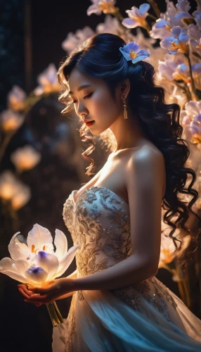 fairy lanterns,fantasy picture,mystical portrait of a girl,faerie,faery,enchanting,scent of jasmine,tea-lights,romantic portrait,candlelight,fairy tale character,beautiful girl with flowers,fairy tale,fairy queen,candlemaker,a fairy tale,fantasy art,flower fairy,candlelights,jasmine blossom,Photography,General,Cinematic