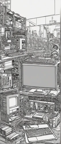 computer art,wireframe,clutter,electronic waste,wireframe graphics,desktop,computer,computer workstation,desktop computer,computer cluster,cyberspace,motherboard,scrap yard,office line art,copyspace,junk,typesetting,virtual world,cyberpunk,desk top,Illustration,Black and White,Black and White 17