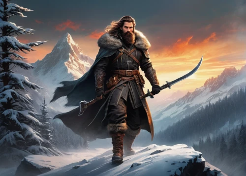 thorin,heroic fantasy,northrend,norse,witcher,viking,dwarf sundheim,massively multiplayer online role-playing game,vikings,lone warrior,mountaineer,mountain guide,dane axe,dunun,nordic bear,odin,the wanderer,fantasy picture,northern longear,nördlinger ries,Illustration,Realistic Fantasy,Realistic Fantasy 16