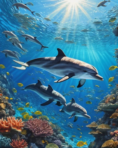 oceanic dolphins,bottlenose dolphins,dolphin background,dolphins in water,common dolphins,dolphins,underwater landscape,aquarium inhabitants,underwater background,aquarium decor,aquarium,sea animals,porpoise,ocean background,aquatic animals,cetacea,dolphin coast,underwater world,sea mammals,marine life,Illustration,Realistic Fantasy,Realistic Fantasy 11