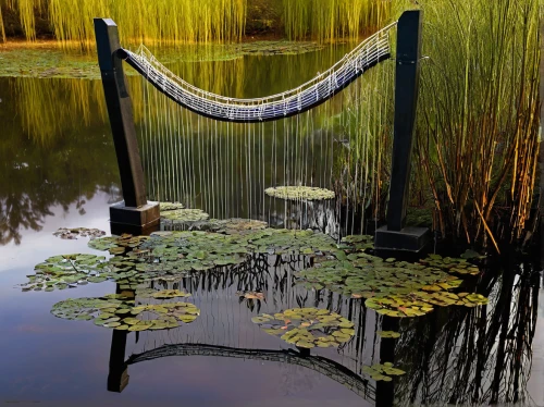 harp with flowers,harp player,harp,harp strings,hanging chair,garden swing,celtic harp,harpist,reeds,nyckelharpa,hammock,lily pond,wooden swing,empty swing,hanging bridge,chaise longue,ancient harp,pond,rocking chair,l pond,Art,Classical Oil Painting,Classical Oil Painting 18