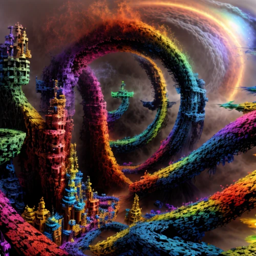 colorful spiral,psychedelic art,3d fantasy,fantasy world,fantasy landscape,fantasy picture,fantasy art,fractals art,apophysis,rainbow world map,fractal environment,crayon background,fantasy city,fairy world,psychedelic,rainbow waves,spiral background,imagination,dream world,world digital painting