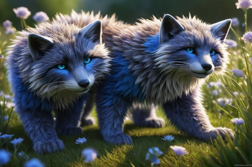 two wolves,wolf couple,gentian family,hedgehogs,foxes,wolves,blue flowers,druids,blue merle,predators,lynx,nebelung,woodland animals,wolwedans,borage family,blue daisies,canidae,twin flowers,cute animals,grizzlies,Conceptual Art,Daily,Daily 05