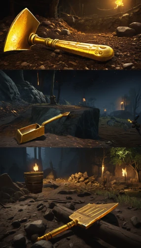 gold bar,dugout canoe,gold bars,bowie knife,coffins,wooden sled,gold bar shop,gold trumpet,visual effect lighting,trowel,golden scale,anvil,wood trowels,digital compositing,king sword,wand gold,canoes,healing stone,coffin,psaltery,Conceptual Art,Daily,Daily 07