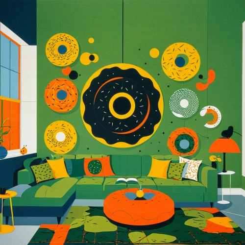 mid century modern,mid century,circle paint,yellow orange,modern pop art,yellow wallpaper,cool pop art,shirakami-sanchi,mid century house,pop art colors,circles,children's room,sitting room,color circle,livingroom,meticulous painting,popart,living room,interior decor,decorative art,Illustration,Vector,Vector 13