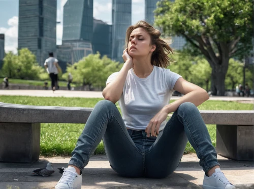 girl sitting,woman sitting,meditating,meditative,meditation,girl in a long,relaxed young girl,sitting,girl in t-shirt,woman free skating,meditate,depressed woman,stressed woman,menswear for women,female model,outdoor bench,park bench,squat position,woman eating apple,jeans background,Conceptual Art,Fantasy,Fantasy 33