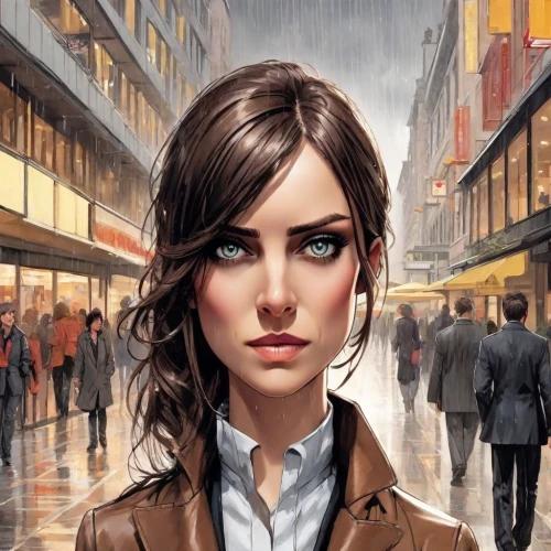 walking in the rain,the girl at the station,mystery book cover,girl walking away,sci fiction illustration,book cover,the girl's face,a pedestrian,pedestrian,rosa ' amber cover,city ​​portrait,woman shopping,woman walking,head woman,female doctor,femme fatale,vesper,detective,two face,game illustration,Digital Art,Comic