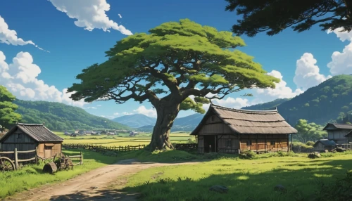 studio ghibli,rural landscape,mountain village,home landscape,alpine village,landscape background,mountain settlement,mountain scene,wooden houses,village life,countryside,alpine pastures,mountain valley,rural,japan landscape,japanese alps,knight village,heidi country,druid grove,village scene,Photography,General,Realistic