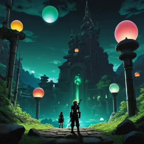 green balloons,transistor,lanterns,game art,would a background,lantern,fantasy world,dark world,fantasy city,game illustration,cartoon video game background,dream world,link,portal,balloon trip,concept art,orbs,background screen,magical adventure,violinist violinist of the moon,Illustration,Japanese style,Japanese Style 08