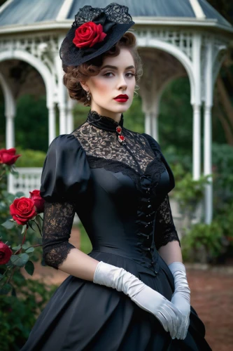 victorian lady,victorian style,victorian fashion,victorian,the victorian era,gothic fashion,gothic dress,overskirt,vintage dress,gothic woman,vintage fashion,black hat,gothic style,evening dress,gothic portrait,southern belle,red rose,rosebushes,crinoline,vintage doll,Conceptual Art,Daily,Daily 23
