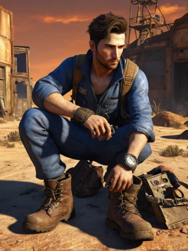 blue-collar worker,fallout4,blue-collar,cargo pants,fallout,mechanic,steel-toed boots,fresh fallout,shoeshine boy,bodie,car mechanic,wasteland,coveralls,boots turned backwards,shoemaker,deacon,male character,miner,auto mechanic,scrap dealer,Illustration,Realistic Fantasy,Realistic Fantasy 35