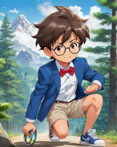 detective conan,takikomi gohan,studio ghibli,nikko,anime cartoon,stylish boy,anime boy,anime japanese clothing,children's background,game illustration,adventure game,yo-kai,kids illustration,cute cartoon character,cartoon doctor,jin deui,kid hero,portrait background,scientist,biologist,Illustration,Japanese style,Japanese Style 01